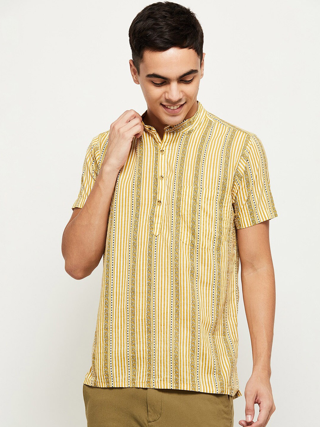 

max Men Yellow Striped Pure Cotton Kurta