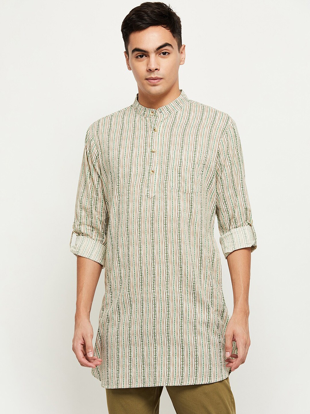 

max Men Cream-Coloured Geometric Printed Thread Work Kurta
