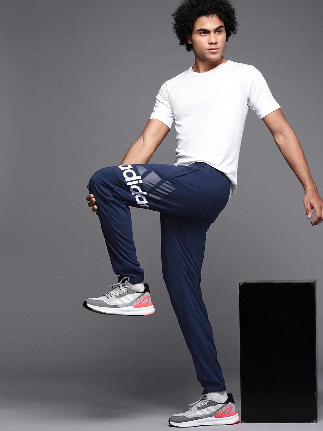 

ADIDAS Men Blue & White Brand Logo Printed Joggers, Navy blue