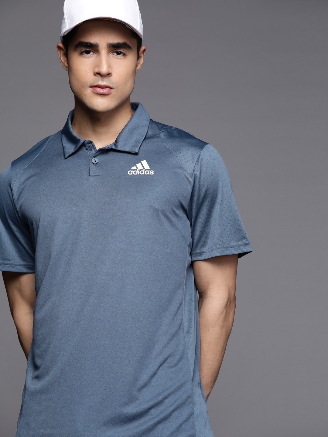 

ADIDAS Men Blue Brand Logo Printed Polo Collar AEROREADY T-shirt