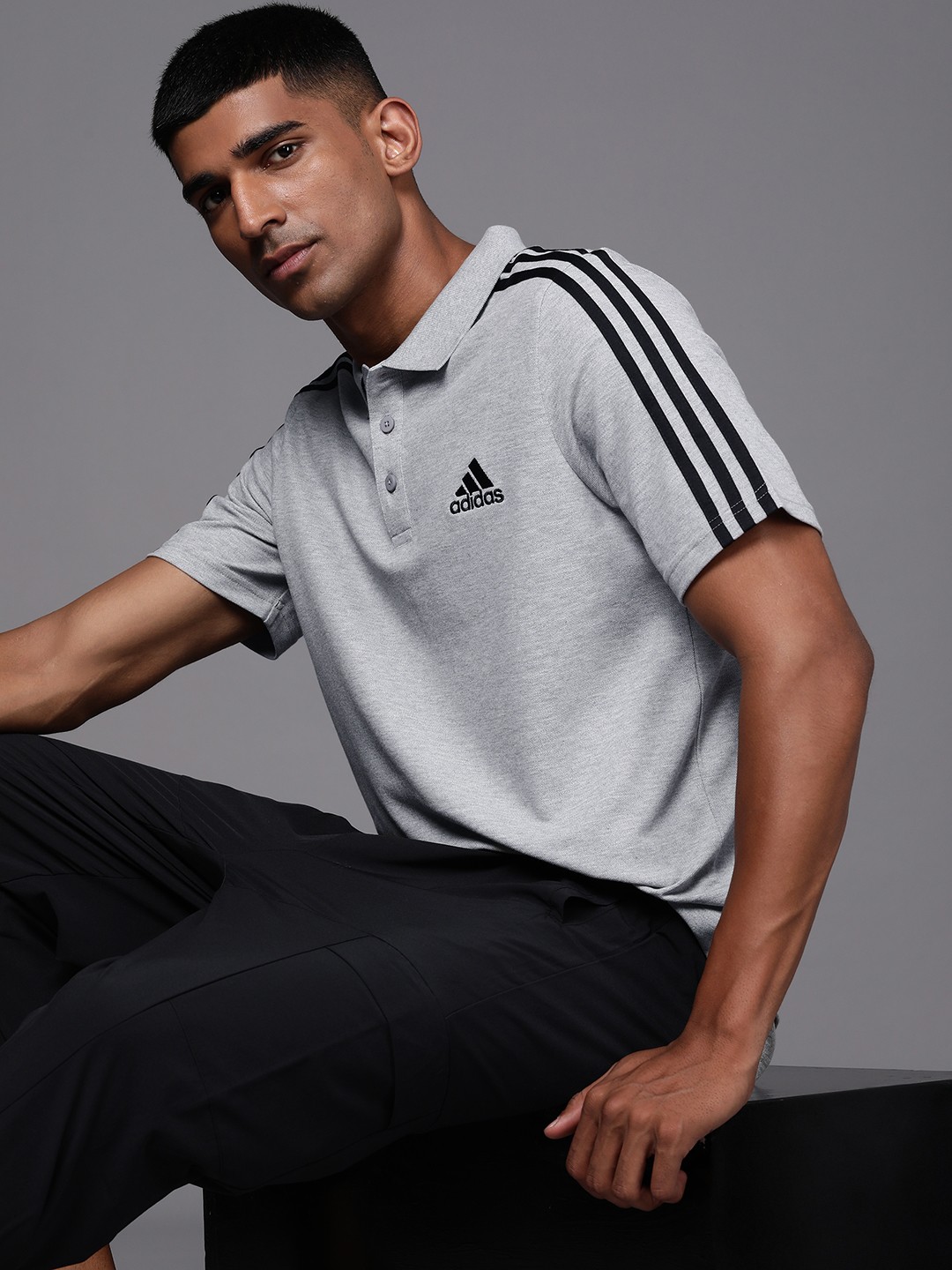 

ADIDAS Men IN SMU 3-Stripes Polo Collar Training T-shirt, Grey melange