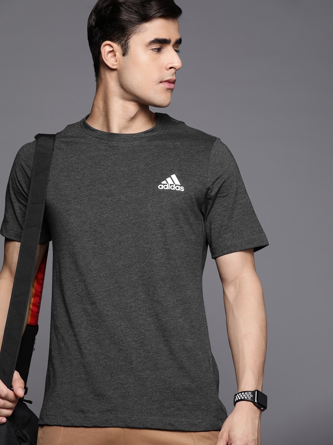 

ADIDAS Men Charcoal Printed Brand Logo Printed AEROREADY T-shirt