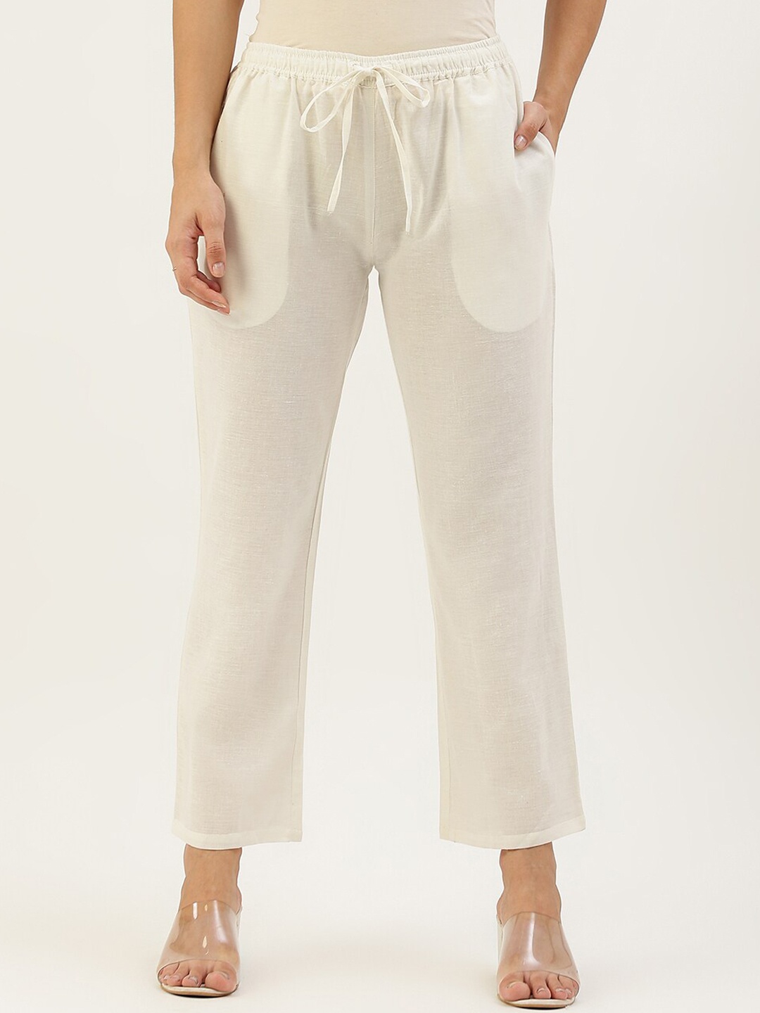 

Lokatita Women White Comfort Tapered Fit Trousers