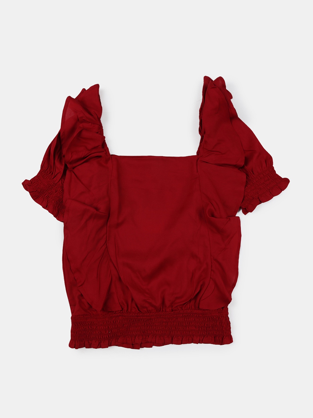 

V-Mart Girls Square Neck Smocked Ruffled Satin Crop Top, Red