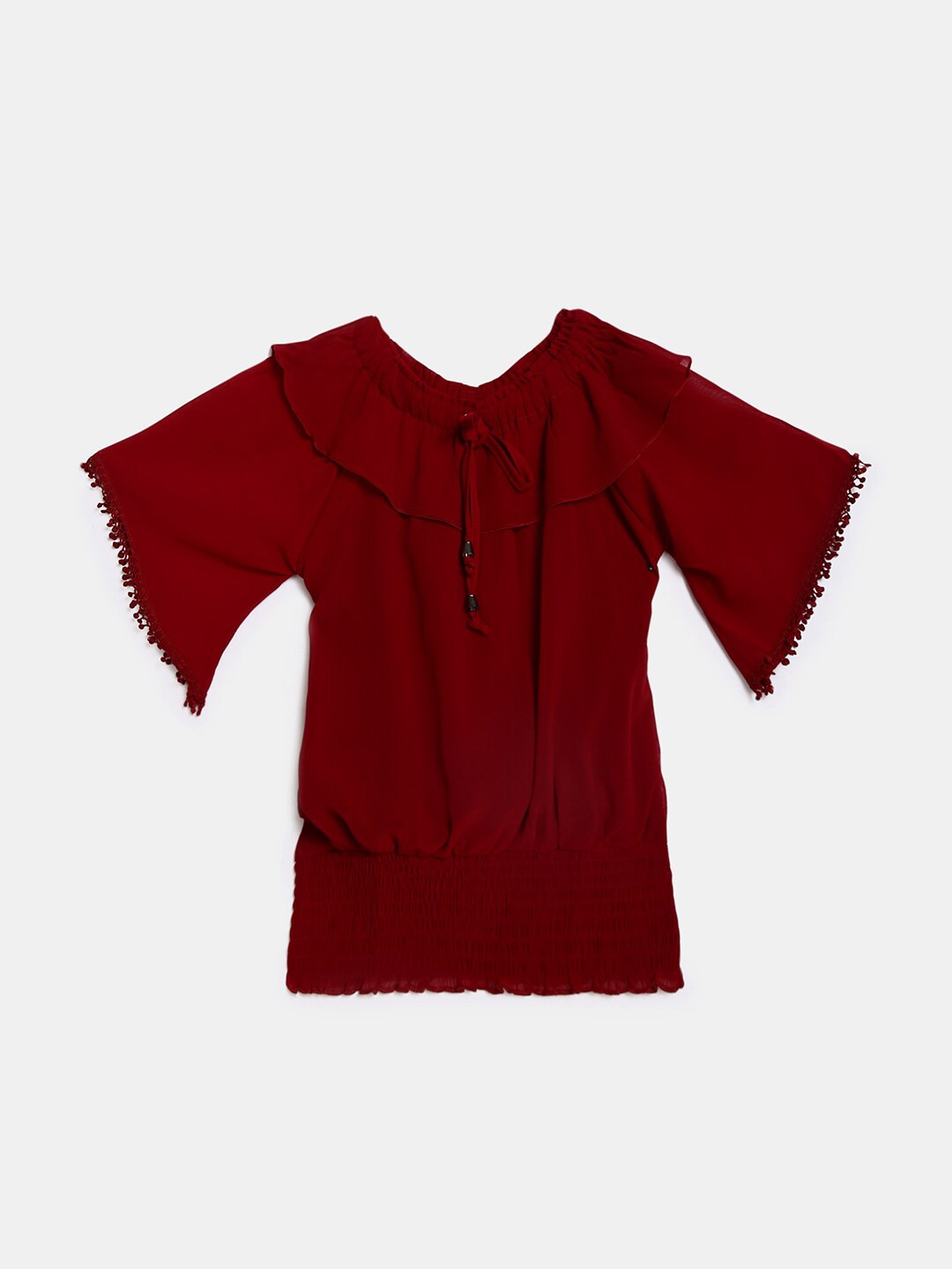 

V-Mart Maroon Tie-Up Neck Ruffles Georgette Blouson Top