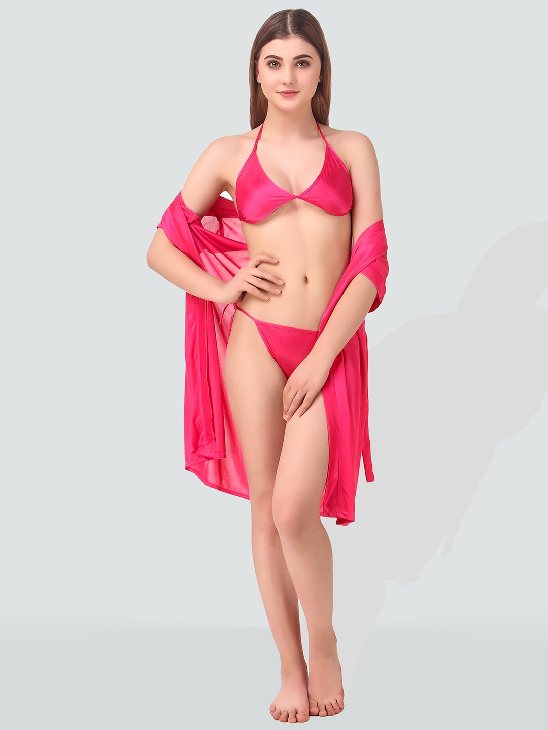 

Romaisa Women Pink Satin Solid Above knee length Robe with Bra and Thong