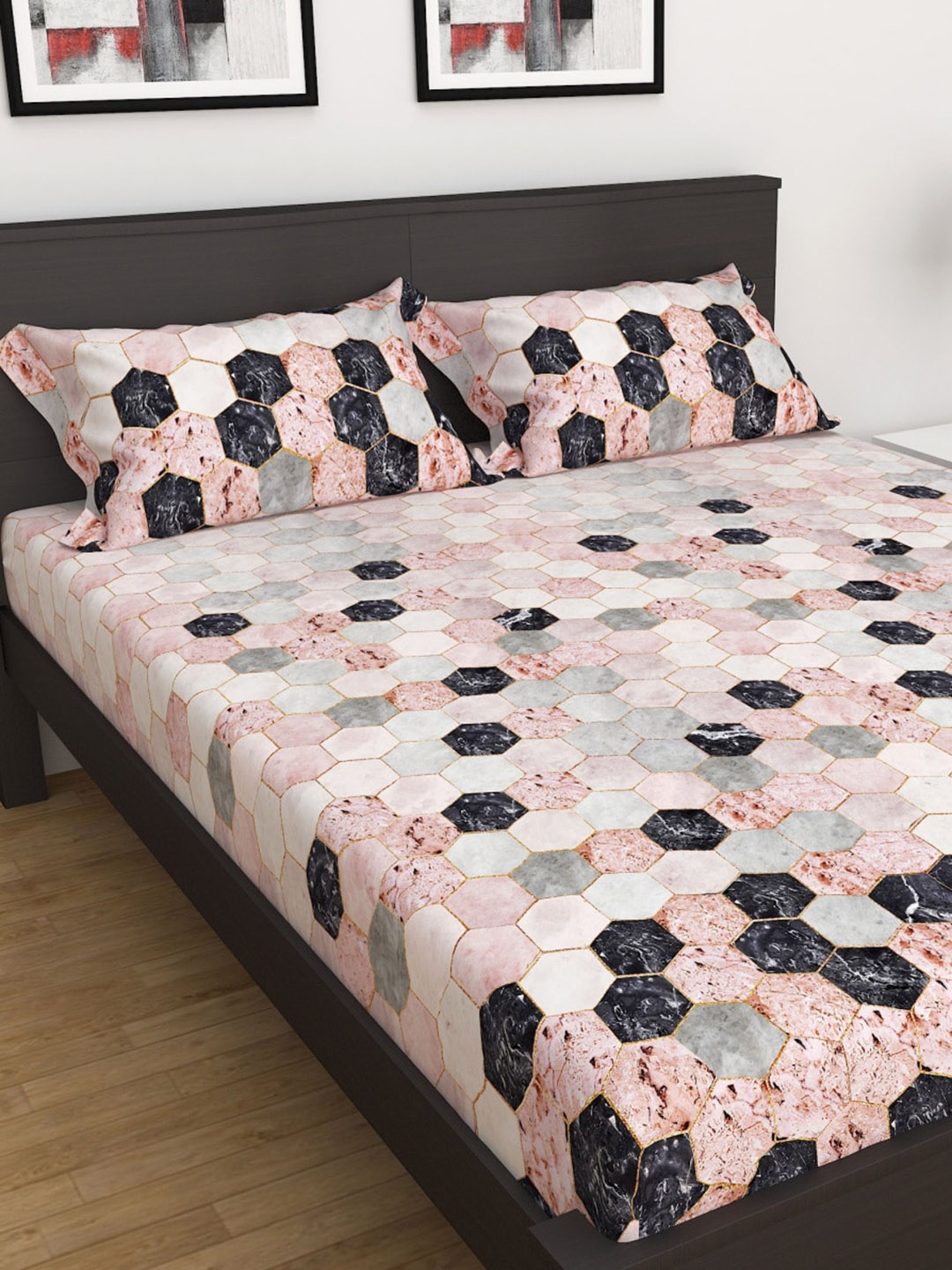 

Home Centre Pink & Black Geometric 180 TC King Bedsheet with Pillow Covers