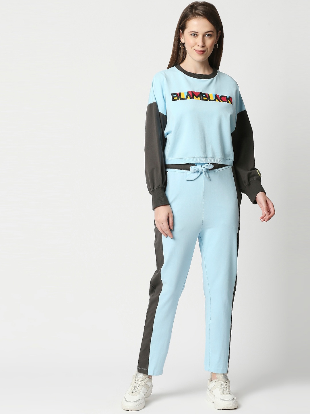 

Blamblack Women Blue & Dark-Grey Printed Top & Bottom Co-Ords