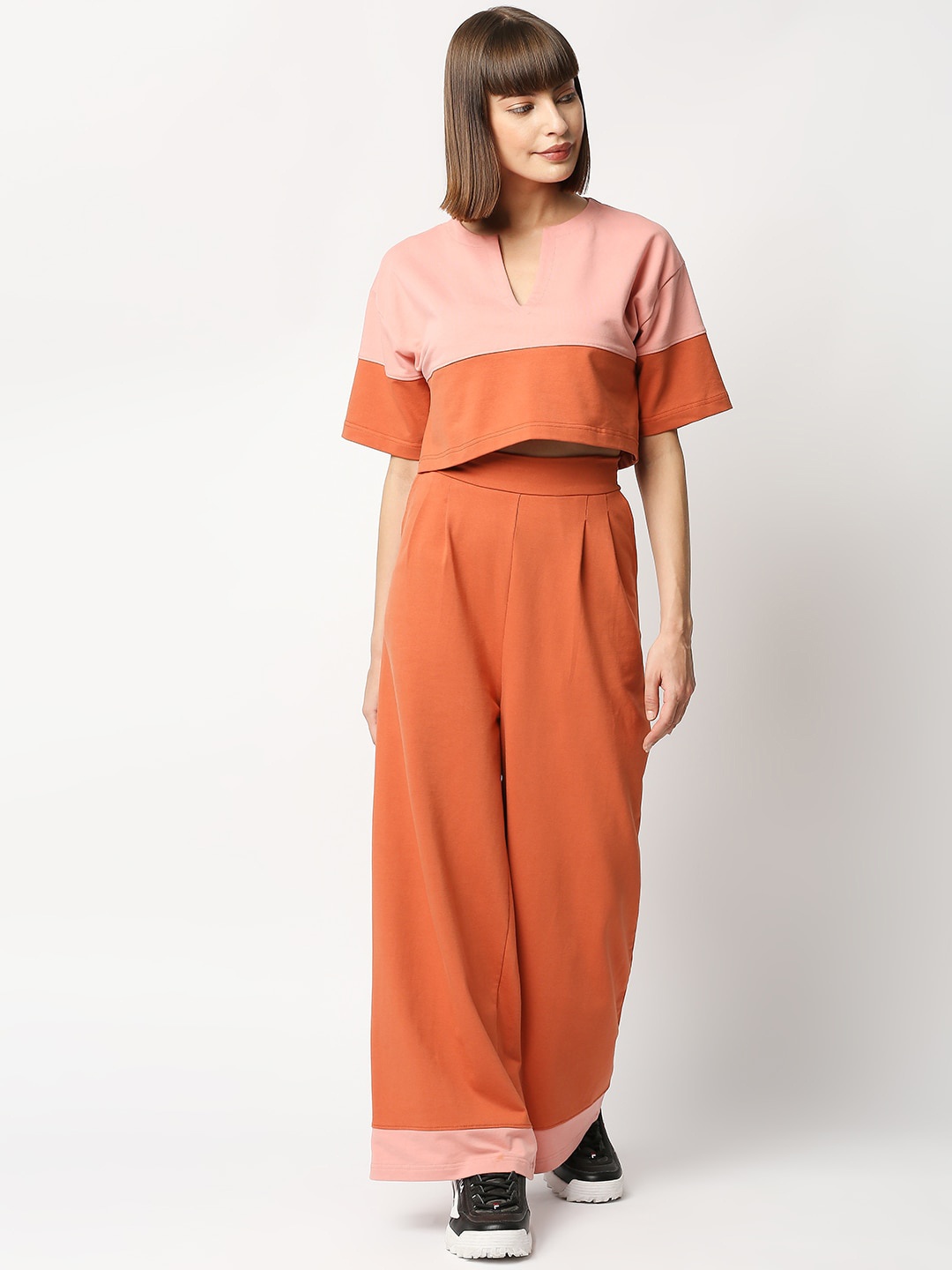 

Blamblack Women Rust Red & Peach Coloured Colourblocked Co-Ords Set