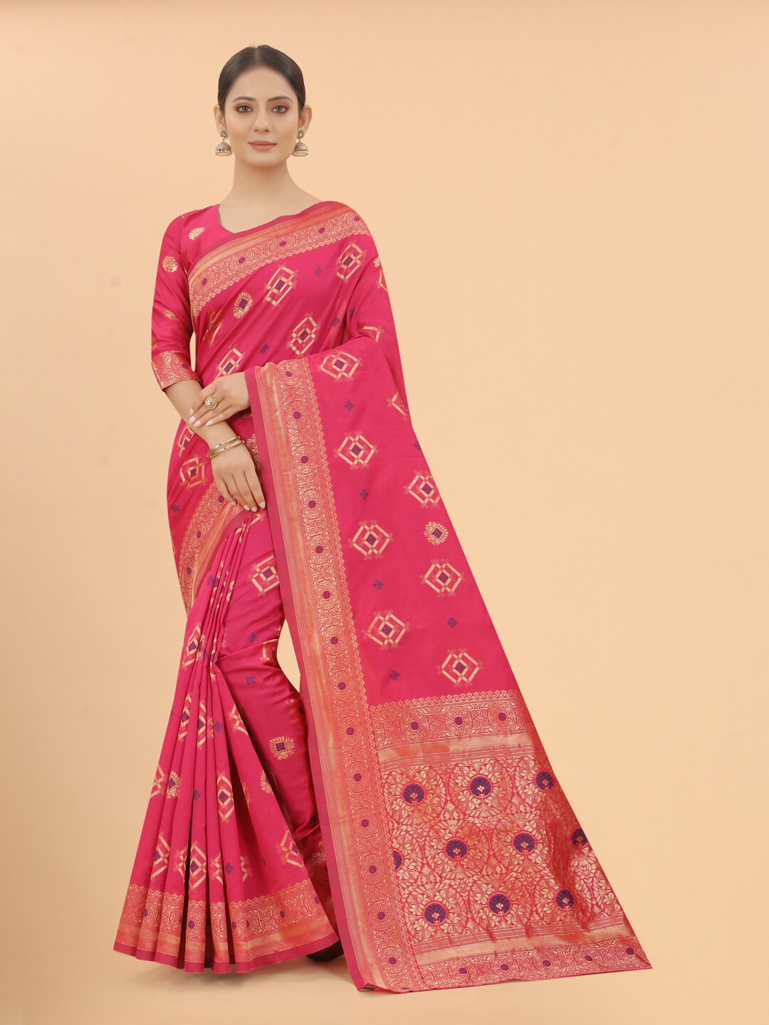 

WELL WORN Peach-Coloured & Purple Woven Design Zari Silk Cotton Banarasi Saree