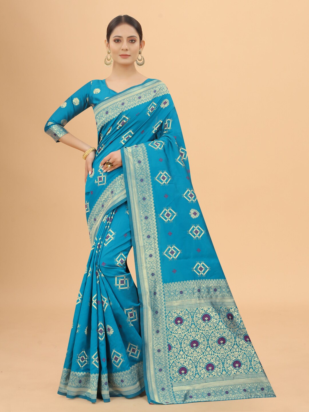 

WELL WORN Turquoise Blue & Gold-Toned Woven Design Zari Silk Cotton Banarasi Saree