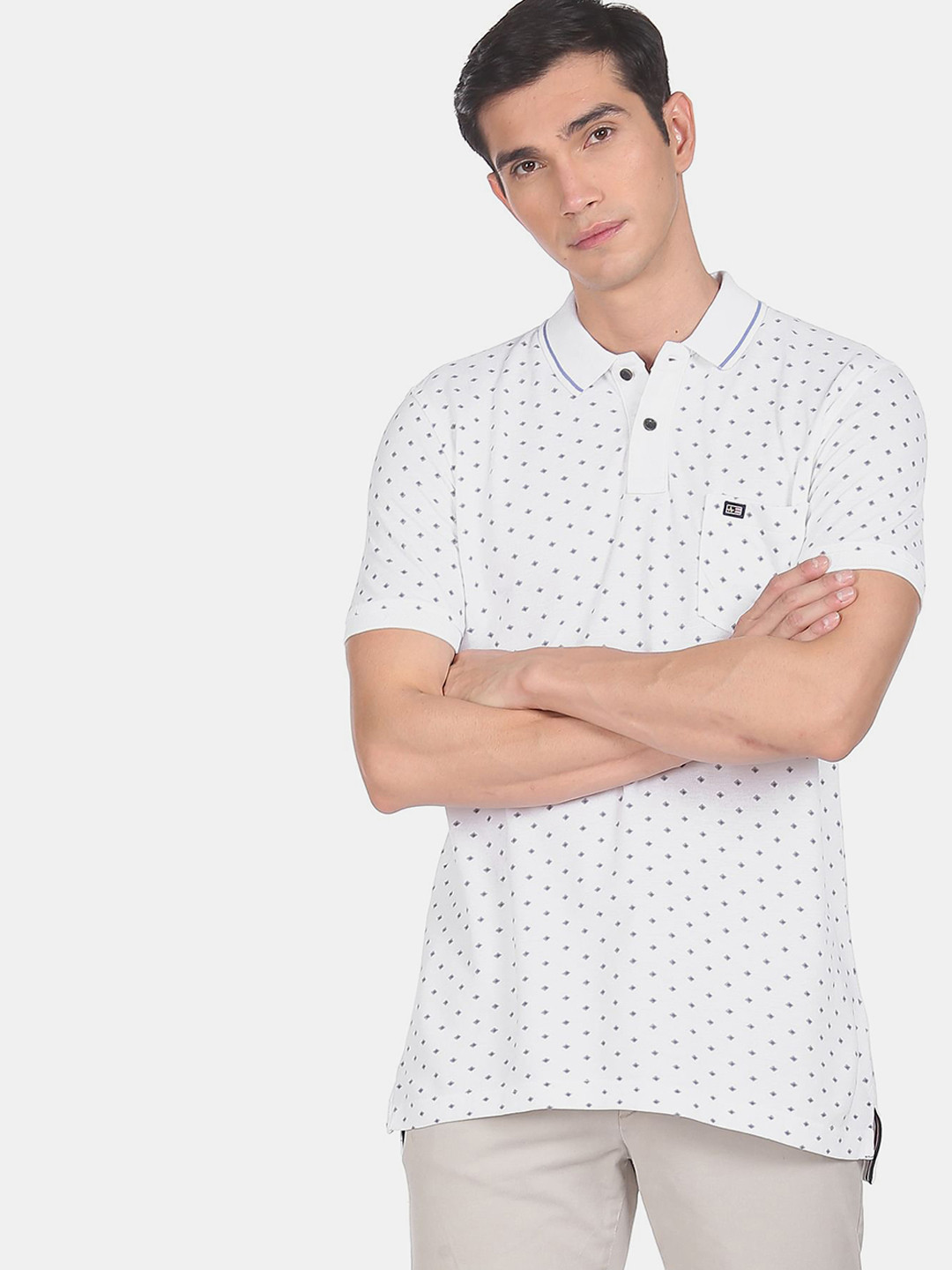 

Arrow Sport Men White Printed Polo Collar Applique T-shirt