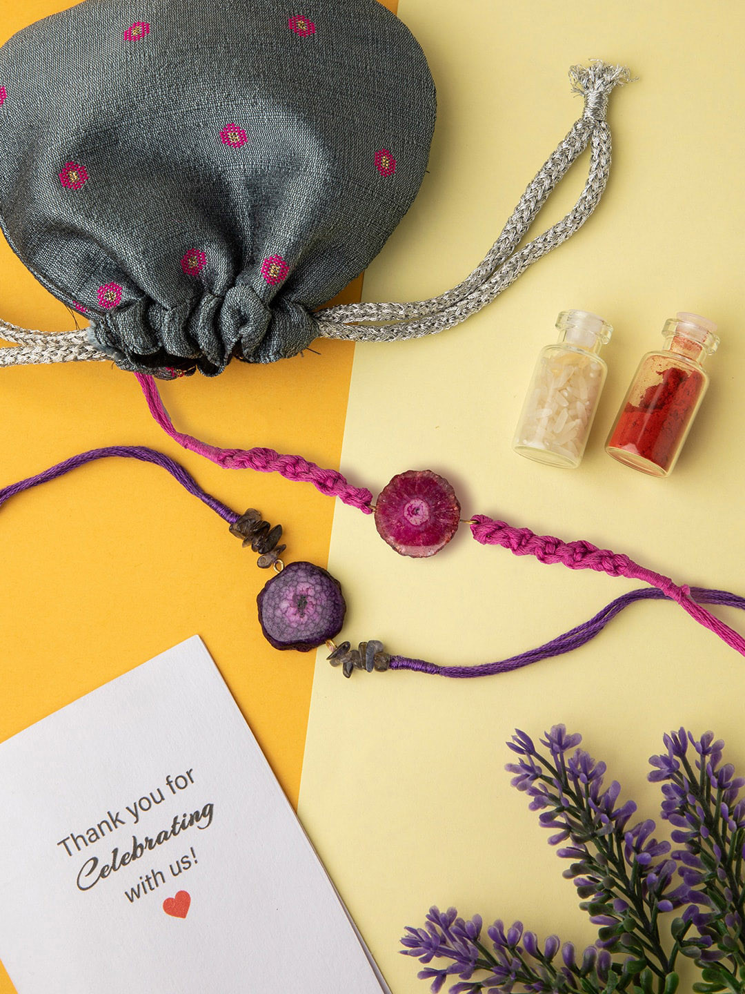 

DEEBACO Set of 2 Agate Healing Stone & Lolite Rakhi, Pink