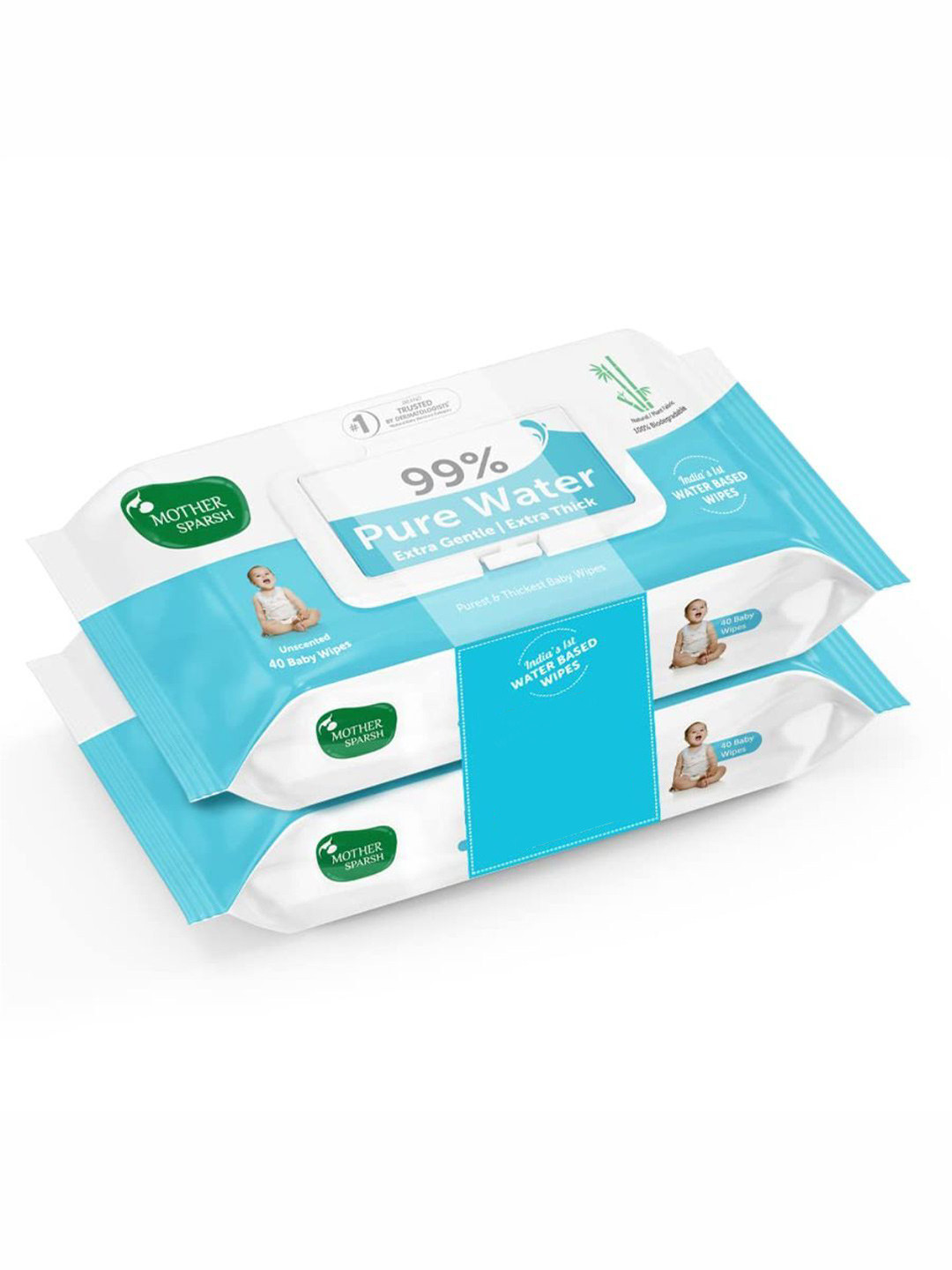 

Mother Sparsh Set of 2 99% Pure Water Biodegradable Unscented Baby Wipes - 40 Pulls each, White