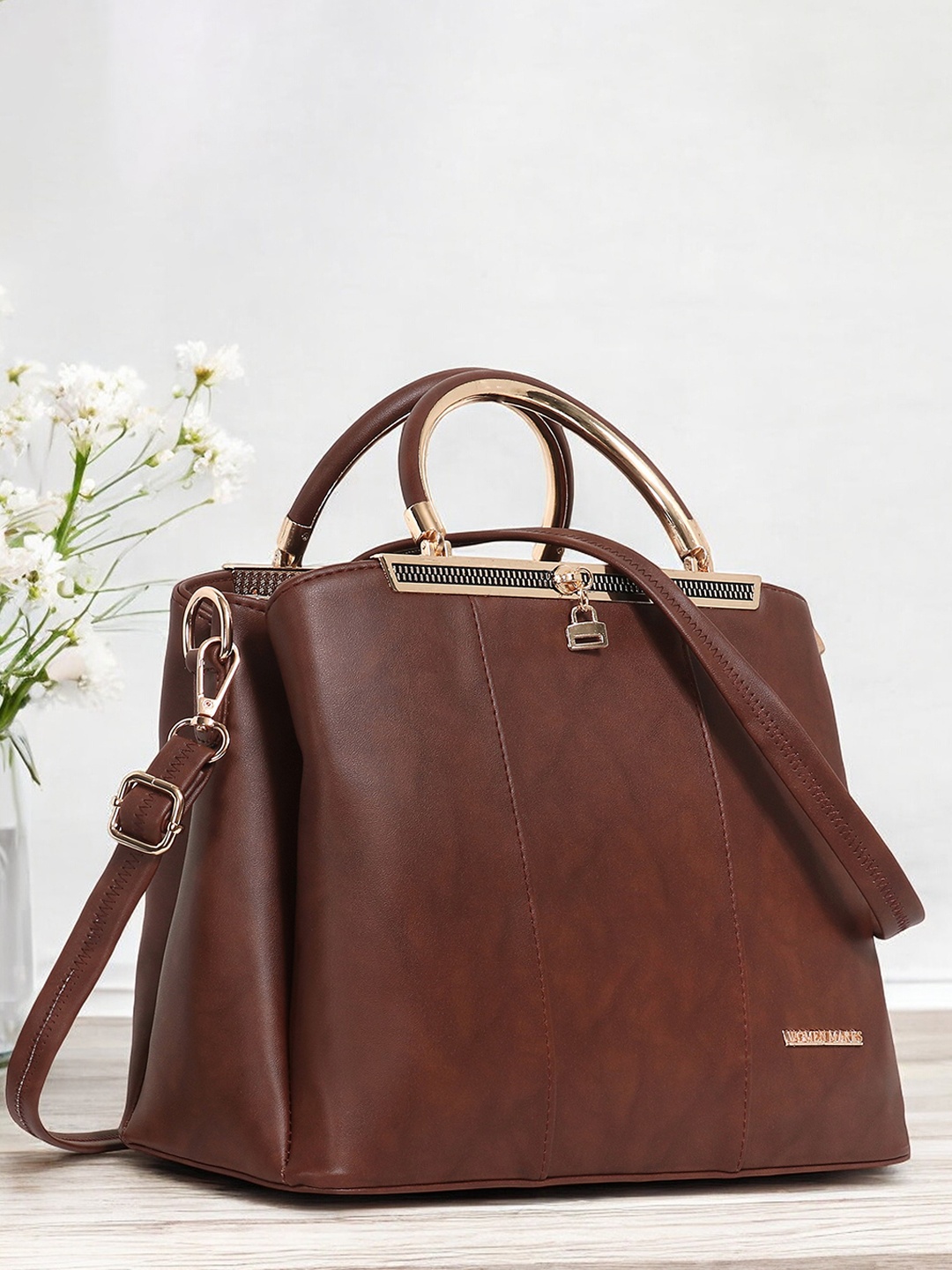 

WOMEN MARKS Women Coffee Brown Textured PU Structured Handheld Bag with Bow Detail