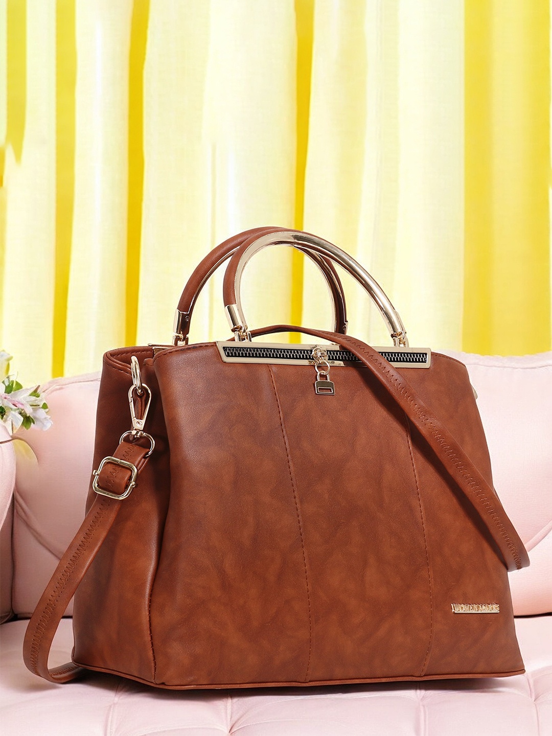 

WOMEN MARKS Brown PU Oversized Structured Handheld Bag with Tasselled
