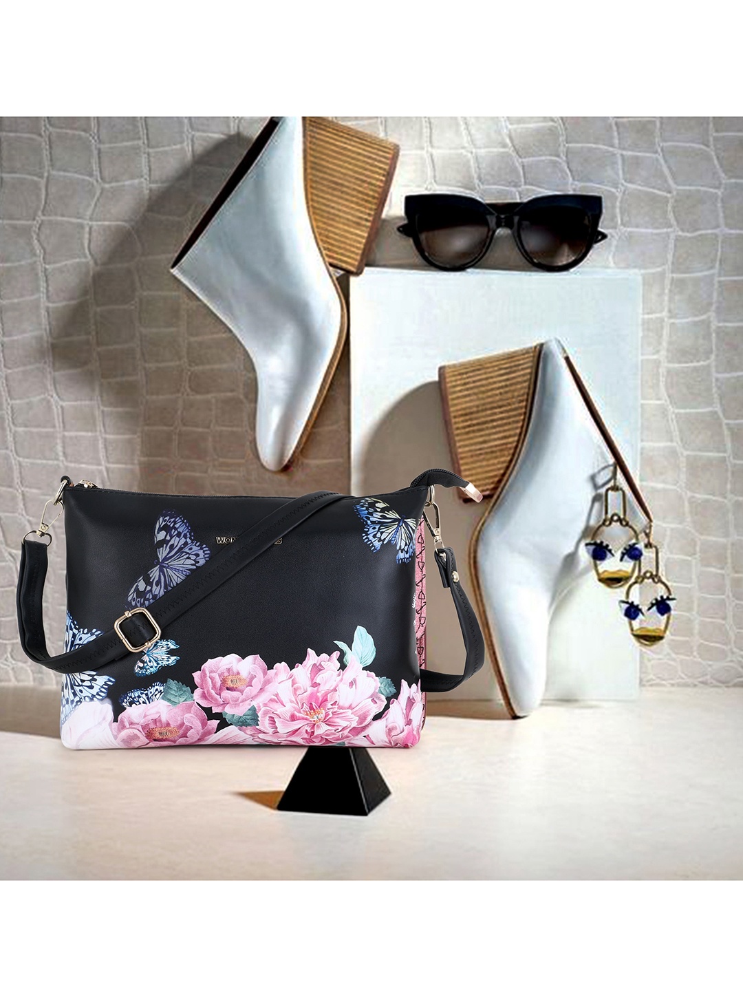 

WOMEN MARKS Black Floral Printed PU Structured Sling Bag