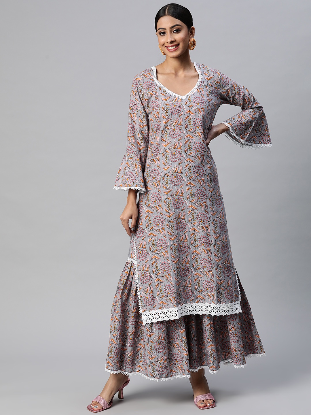 

mokshi Women Grey Ethnic Motifs Printed Pure Cotton Kurta with Sharara