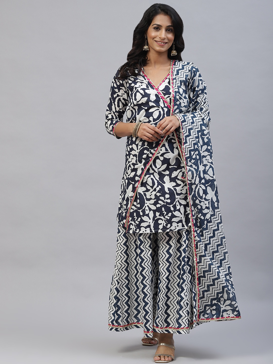 

mokshi Women Blue Ethnic Motifs Angrakha Gotta Patti Cotton Kurta with Palazzos & Dupatta
