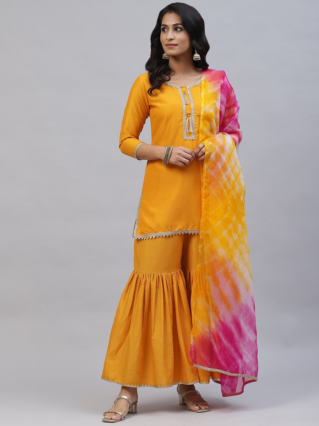 

mokshi Women Mustard Yellow Gotta Patti Pure Silk Kurta with Sharara & Dupatta