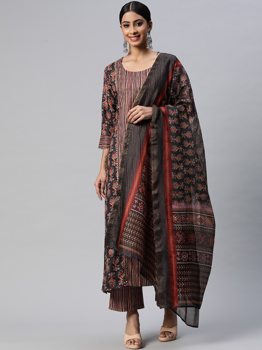 

mokshi Women Grey Striped Gotta Patti Linen Kurta with Palazzos & Dupatta