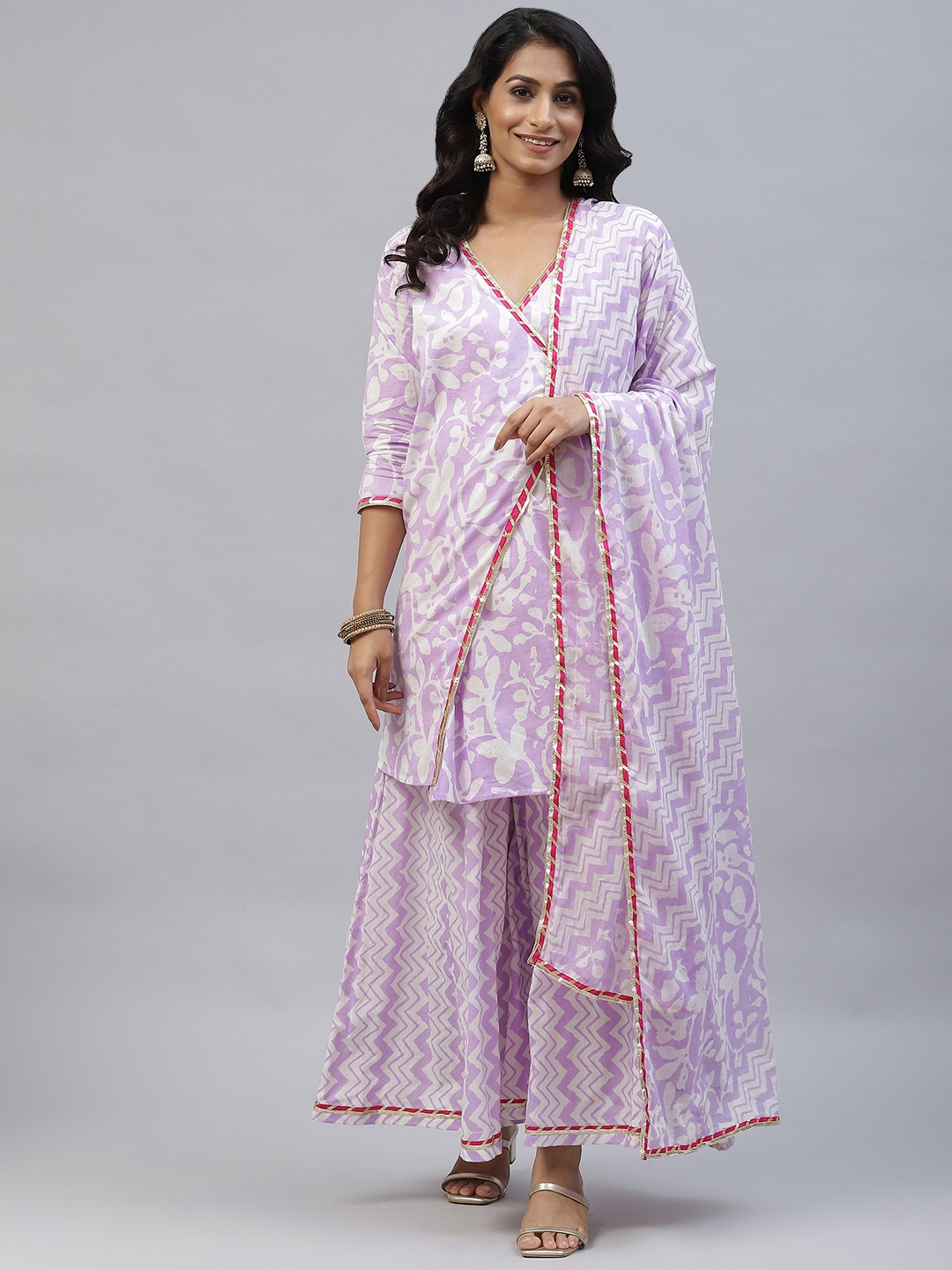

mokshi Women Purple Printed Angrakha Gotta Patti Cotton Kurta with Palazzos & Dupatta