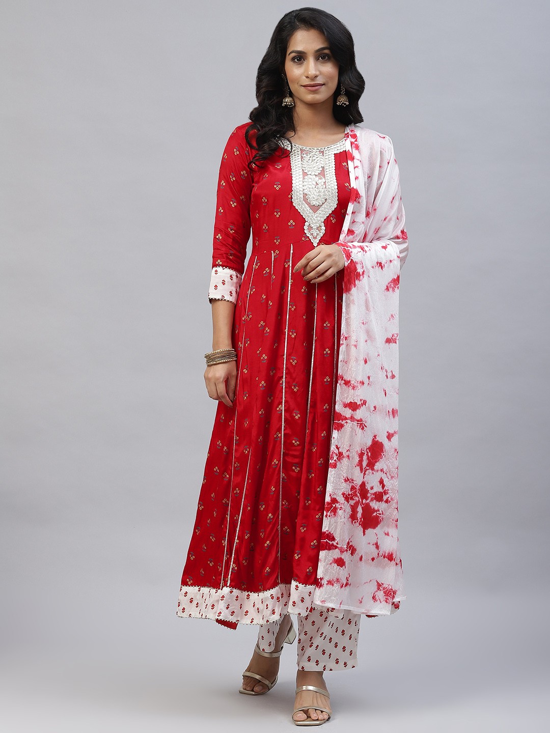 

mokshi Women Red Printed Pleated Gotta Patti Pure Silk Kurta with Palazzos & Dupatta