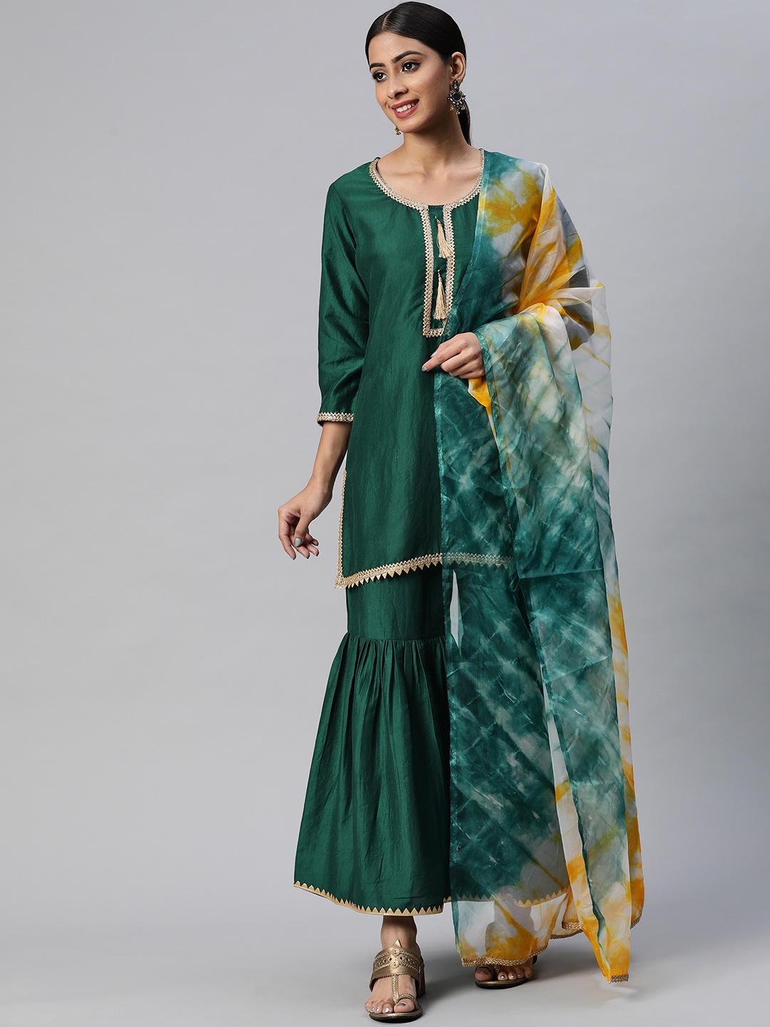 

mokshi Women Green Yoke Design Gotta Patti Pure Silk Kurti with Sharara & With Dupatta