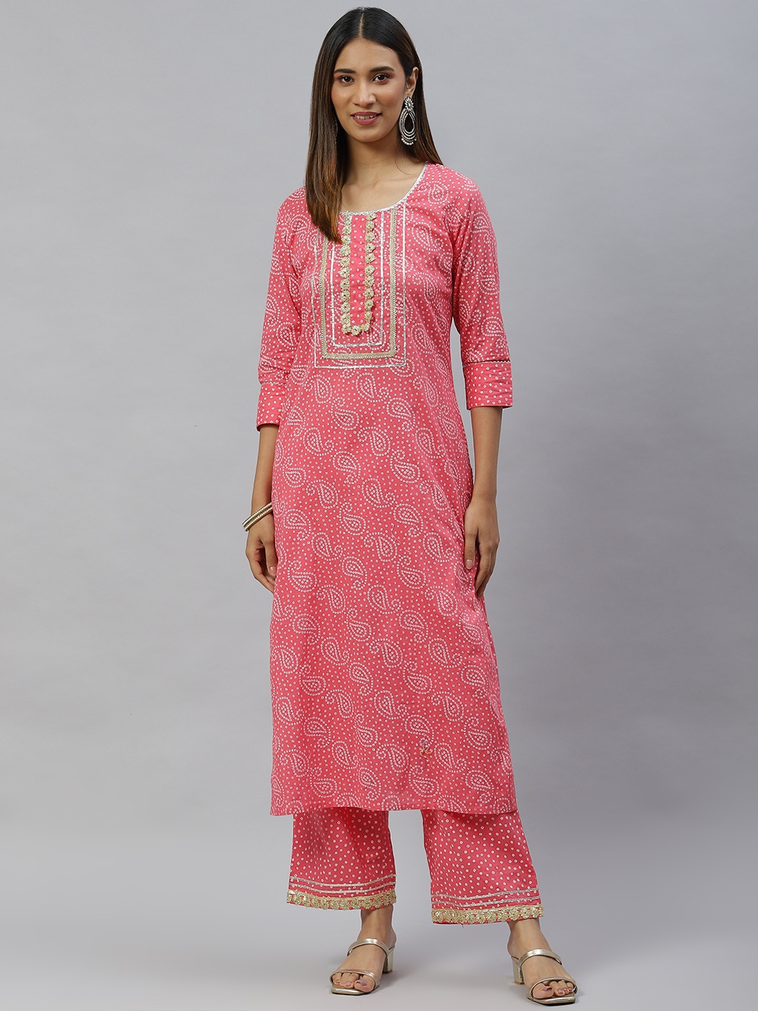 

mokshi Women Pink Bandhani Printed Gotta Patti Pure Cotton Kurta with Palazzos