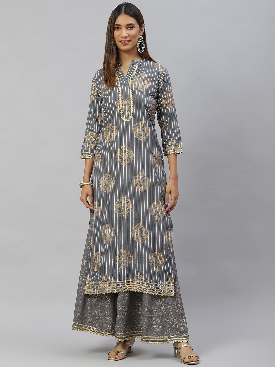

mokshi Women Grey Striped Gotta Patti Kurta with Skirt