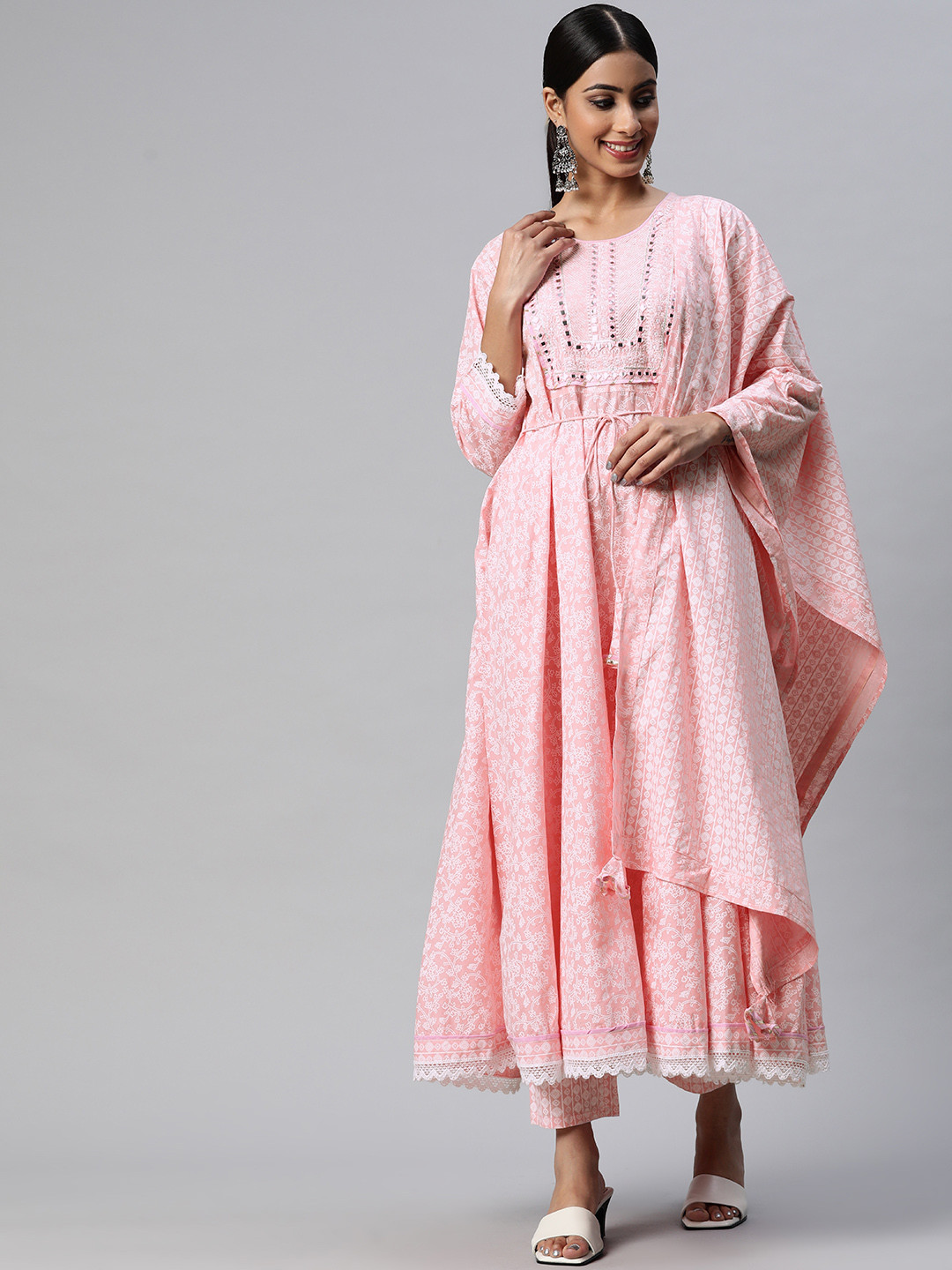 

mokshi Women Pink Floral Printed Mirror Work Pure Cotton Kurta with Palazzos & Dupatta