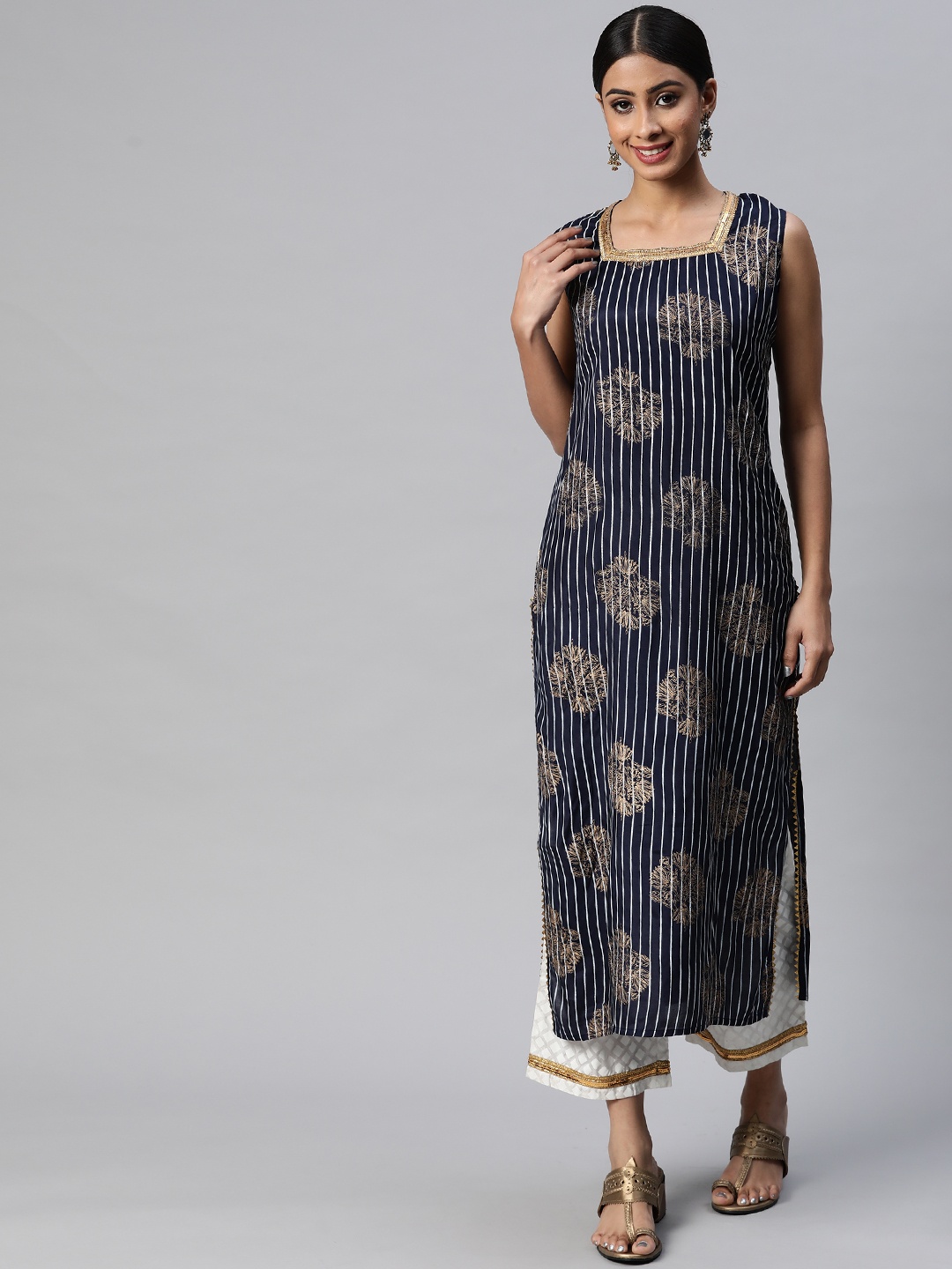 

mokshi Women Blue Striped Gotta Patti Pure Silk Kurta with Palazzos