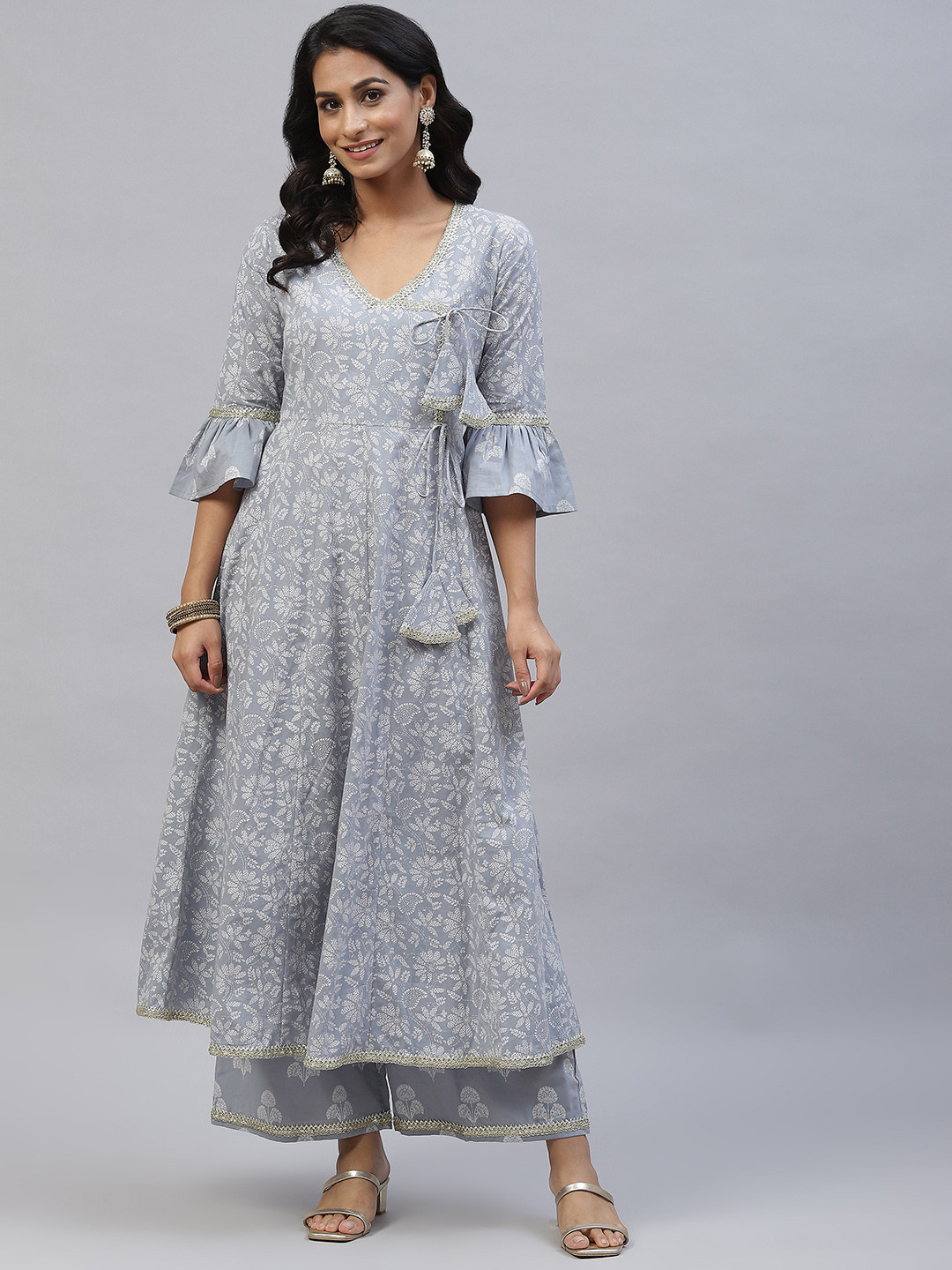 

mokshi Women Grey Ethnic Motifs Printed Angrakha Gotta Patti Pure Cotton Kurta with Palazzos