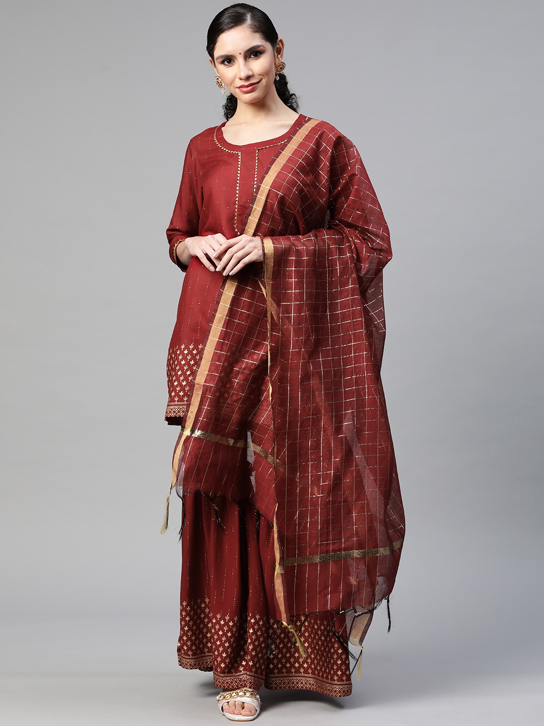 

mokshi Women Maroon Ethnic Motifs Printed Gotta Patti Kurti with Sharara & Dupatta
