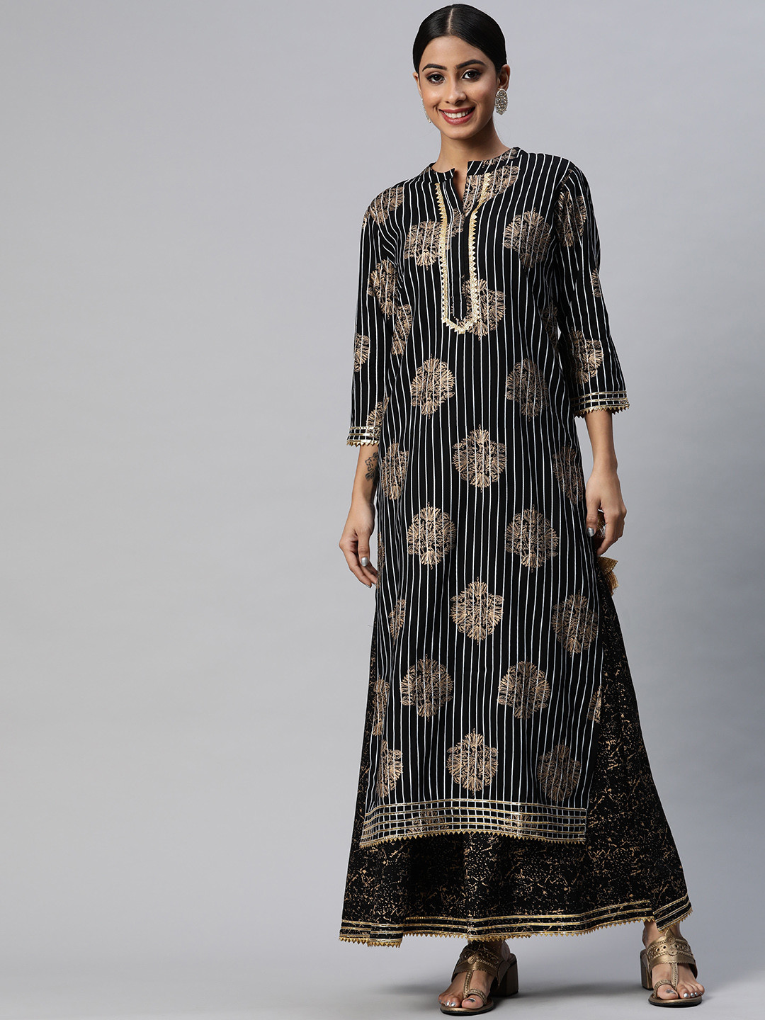 

mokshi Women Black Floral Printed Gotta Patti Kurta with Skirt