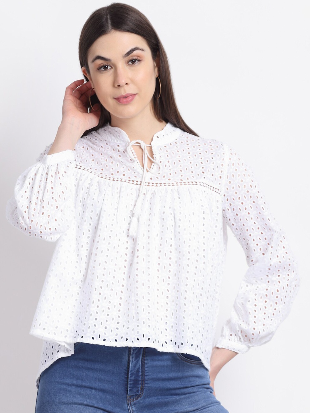 

La Zoire womens White Tie-Up Neck Schiffli Top