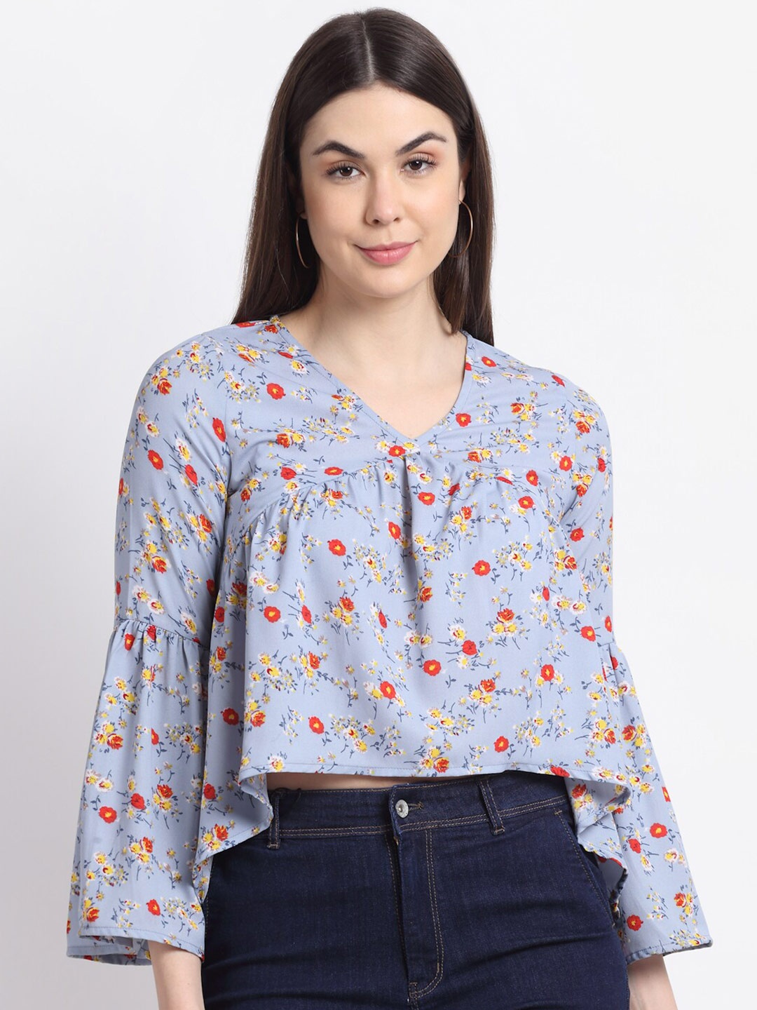 

La Zoire Blue & Red Floral Print Georgette Crop Top
