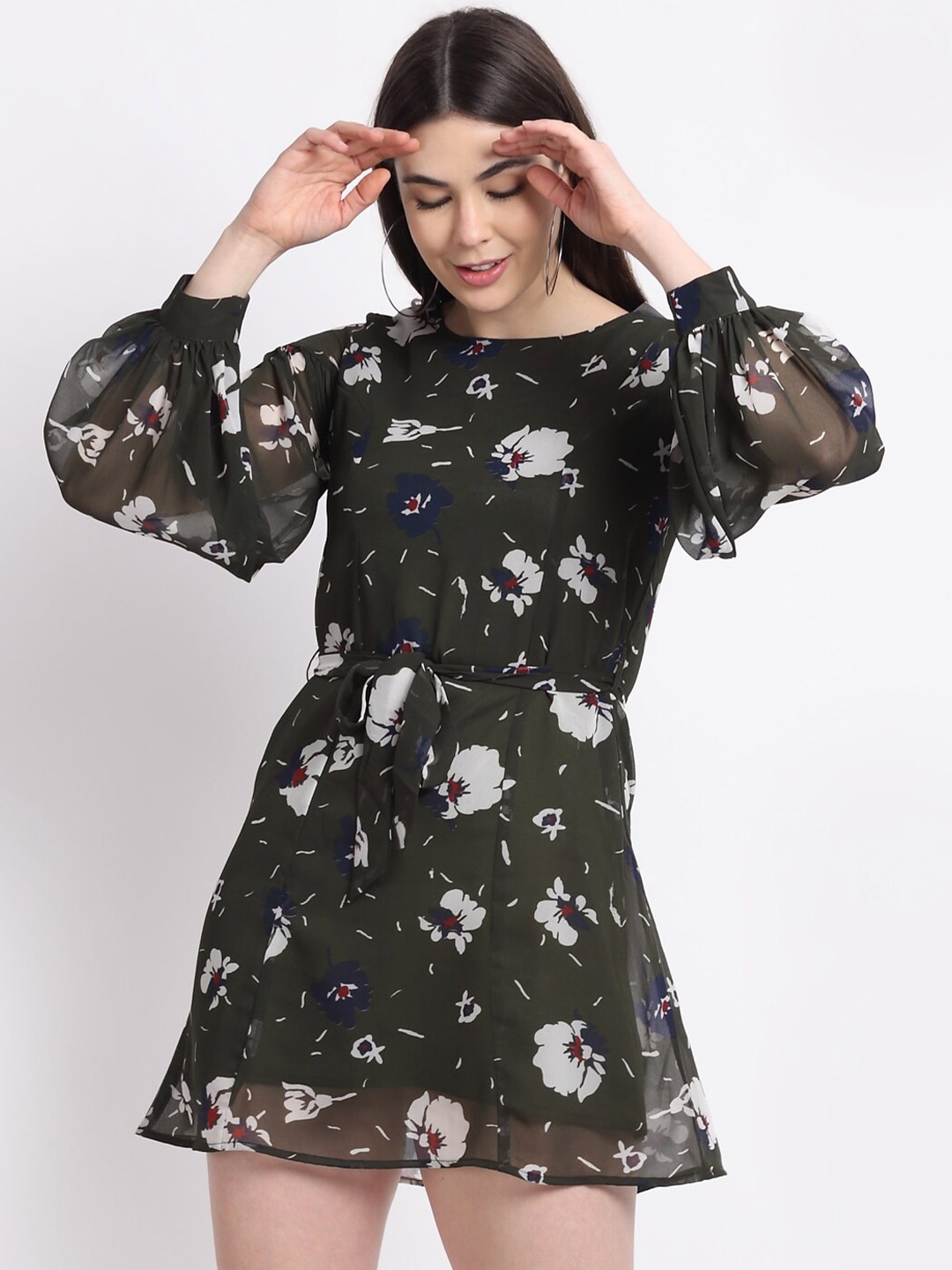 

La Zoire Olive Green Floral Georgette Mini Dress