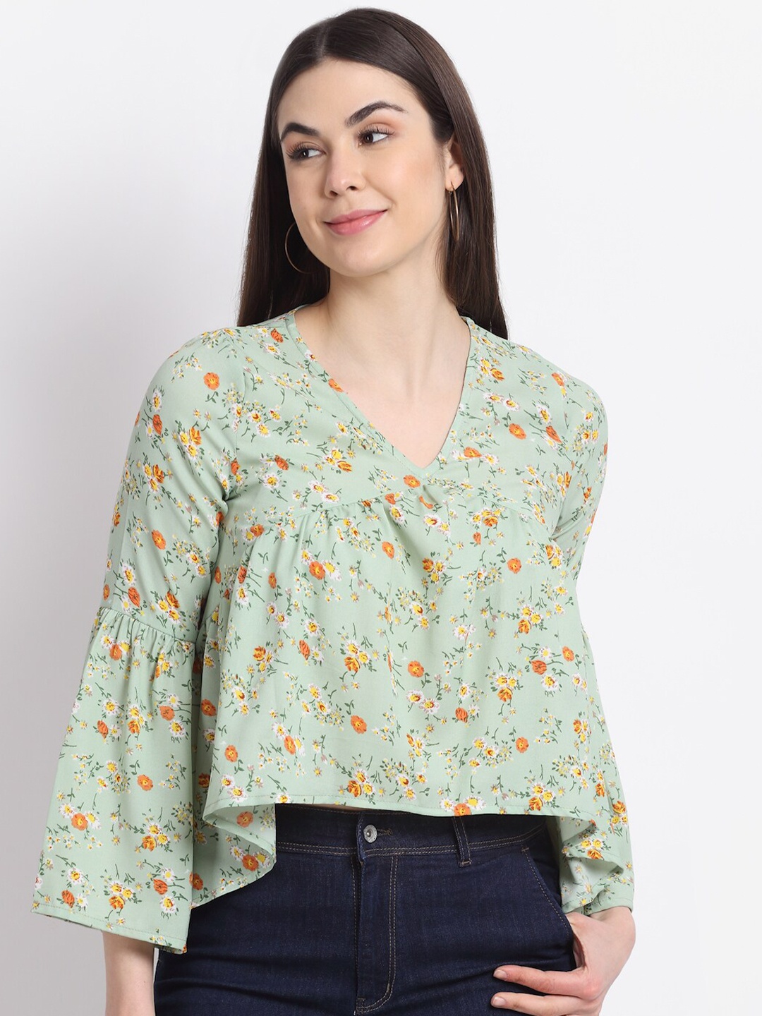 

La Zoire Green Floral Print Georgette Top