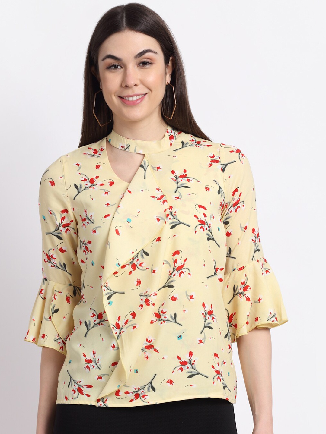 

La Zoire Yellow Floral Print Ruffles Georgette Top