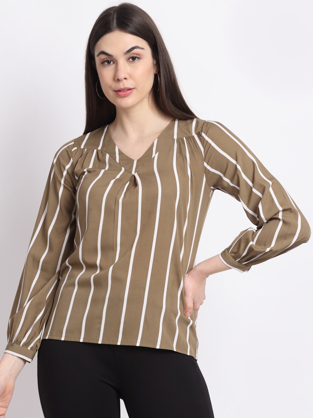 

La Zoire Olive Green Striped Georgette Top