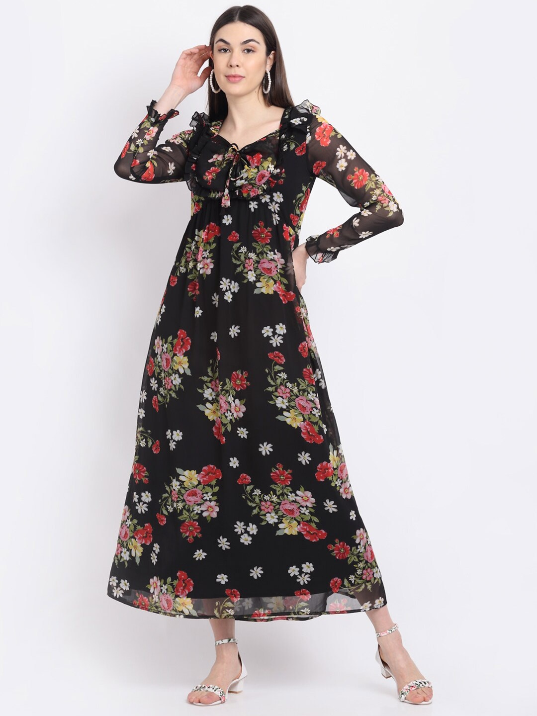 

La Zoire Black & Red Floral Georgette Maxi Dress