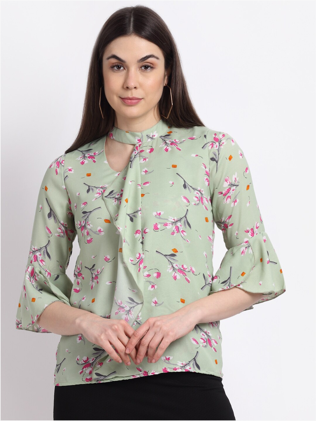 

La Zoire Green Floral Print Keyhole Neck Georgette Top