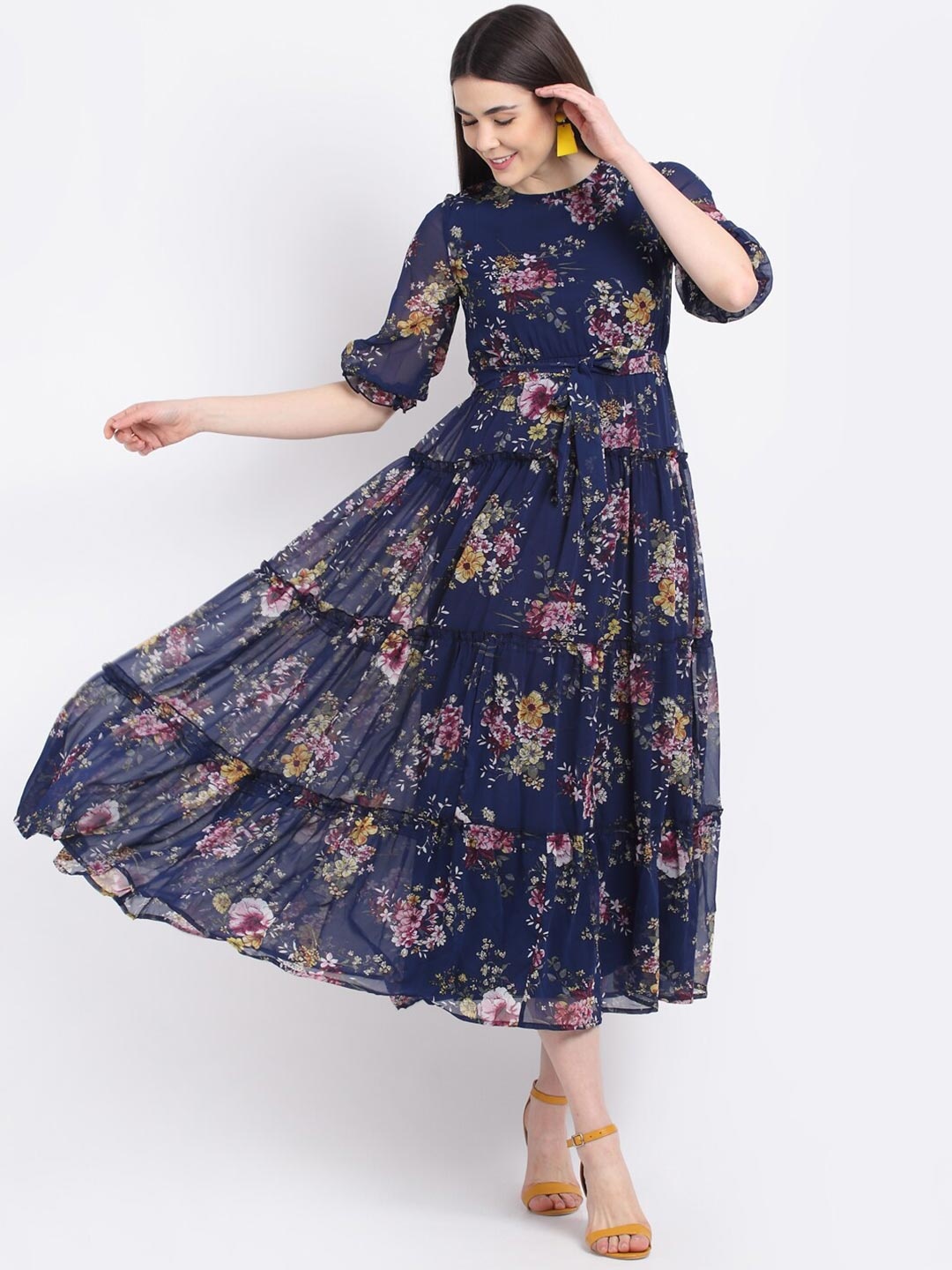 

La Zoire Navy Blue & Pink Floral Georgette Midi Dress