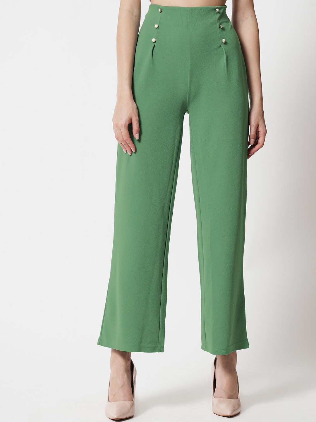 

Kotty Women Green Relaxed Straight Fit High-Rise Easy Wash Pleated Trousers