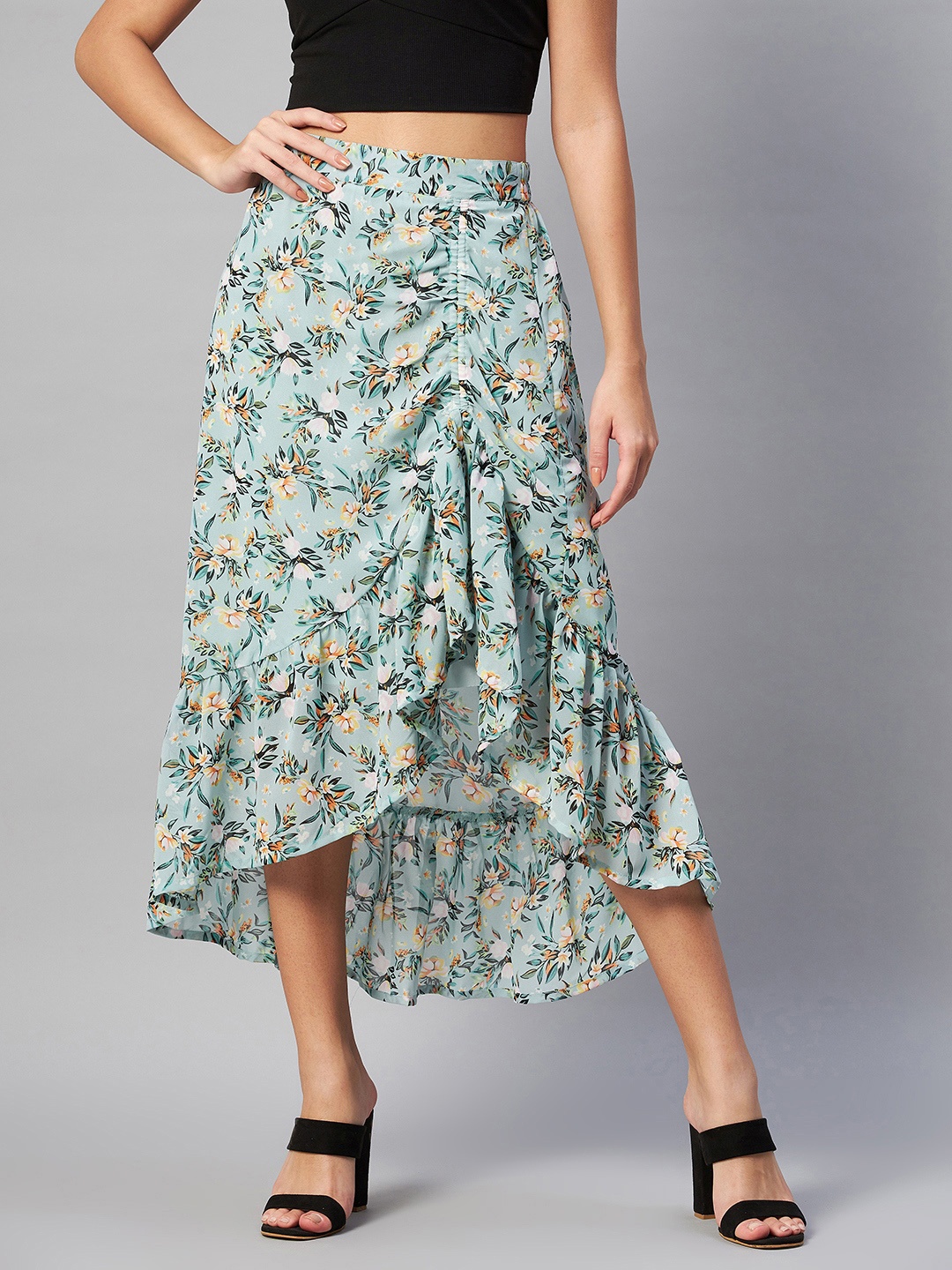 

plusS Sea Green Floral Printed Midi A-Line Skirt