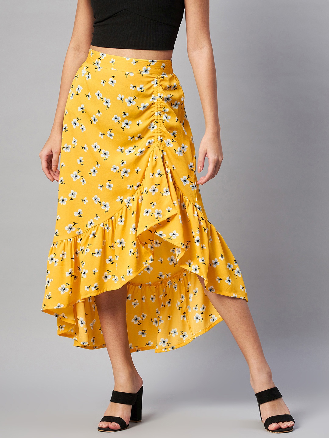 

plusS Yellow & White Floral Printed Midi A-Line Skirt