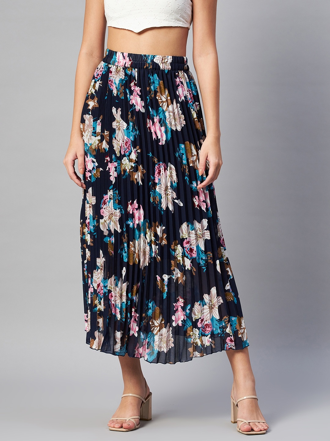

plusS Navy Blue Floral Printed Accordion Pleats Midi Flared Skirt