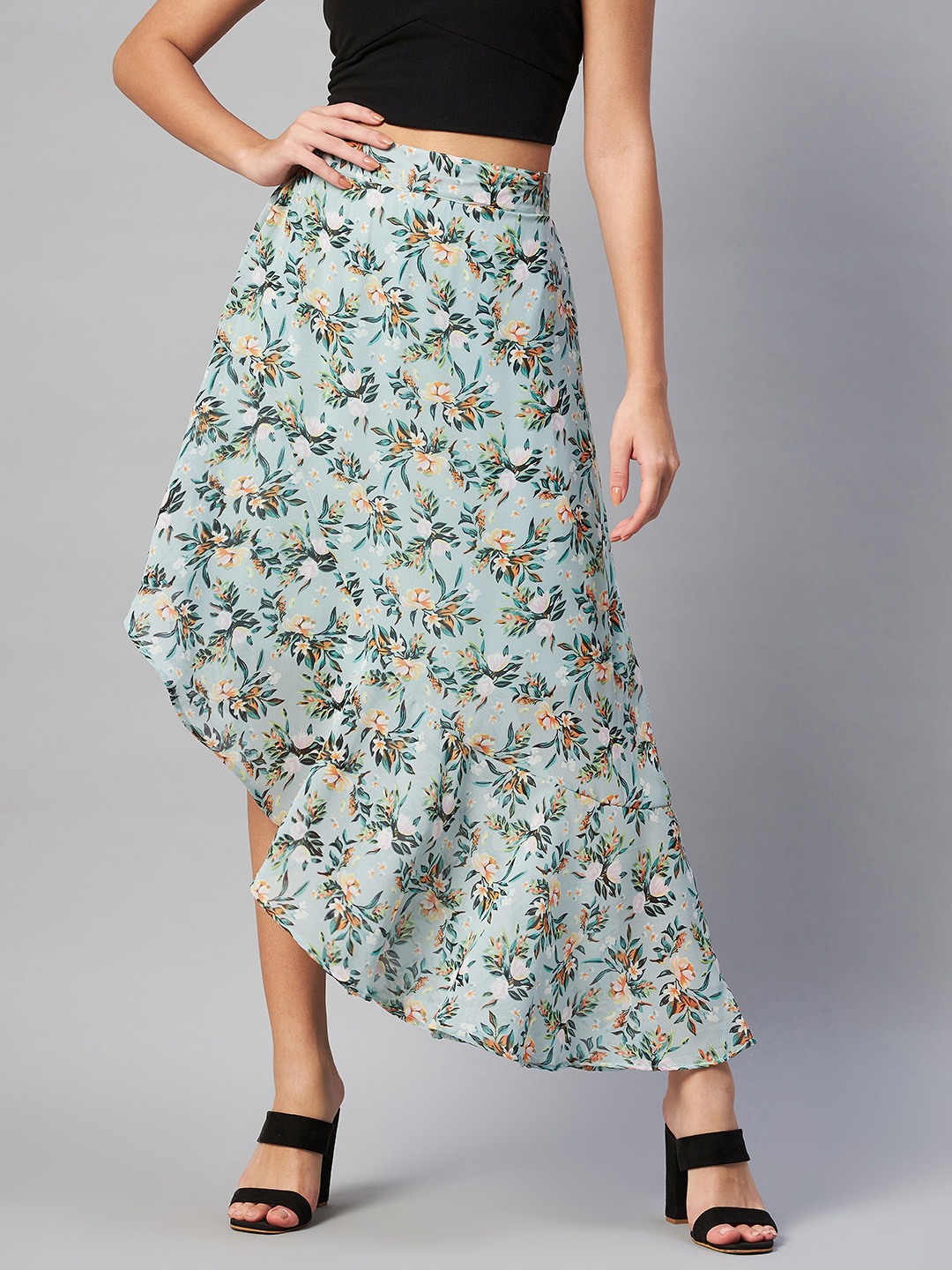 

plusS Sea Green Floral Printed Maxii Flared Skirt
