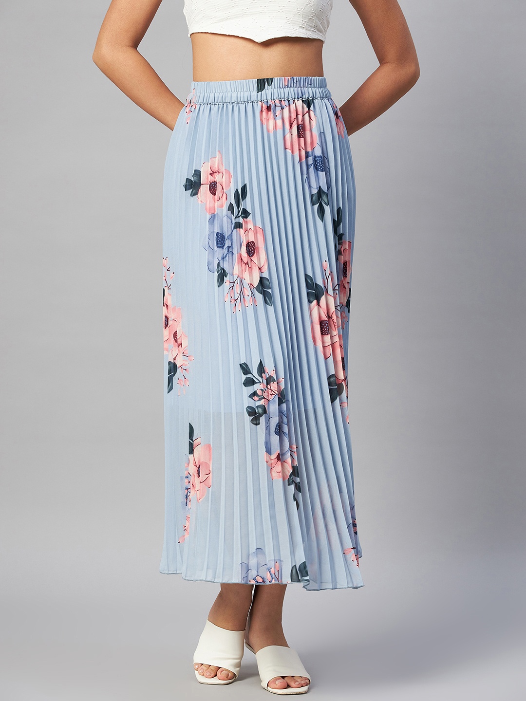 

plusS Blue & Pink Floral Printed Accordion Pleats Maxi Flared Skirt